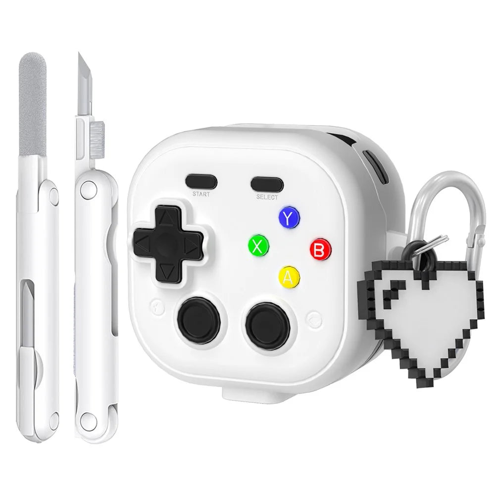 For Samsung Galaxy Buds4  /  Buds4 Pro Case with Hanging Buckle  /  Cleaning Pen  /  Heart Pendant, Gaming Controller Style TPU + PC Earphone Cover - White - 1