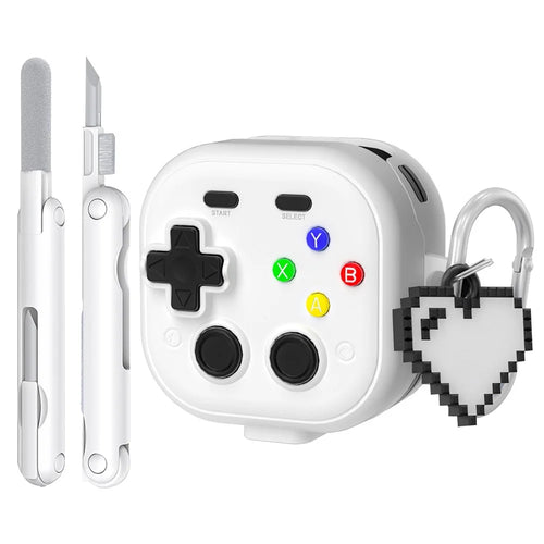 For Samsung Galaxy Buds4  /  Buds4 Pro Case with Hanging Buckle  /  Cleaning Pen  /  Heart Pendant, Gaming Controller Style TPU + PC Earphone Cover - White - 1