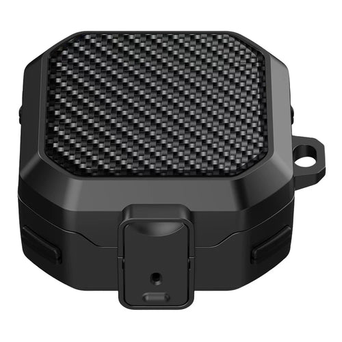For Samsung Galaxy Buds4 / Buds4 Pro Carbon Fiber Texture Armor Protective Case PC + TPU Shockproof Cover with Carabiner - Black - 1