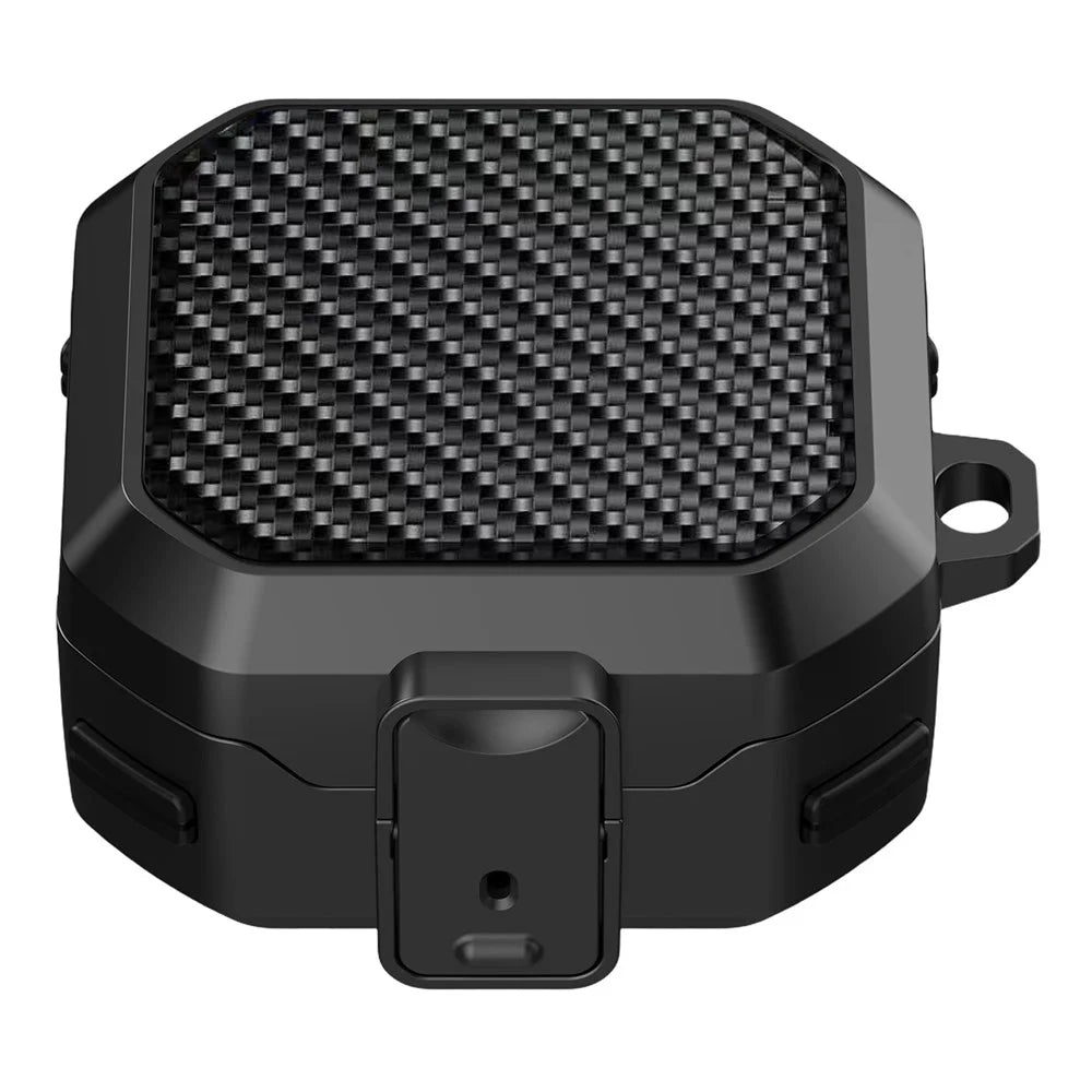 For Samsung Galaxy Buds4 / Buds4 Pro Carbon Fiber Texture Armor Protective Case PC + TPU Shockproof Cover with Carabiner - Black - 1