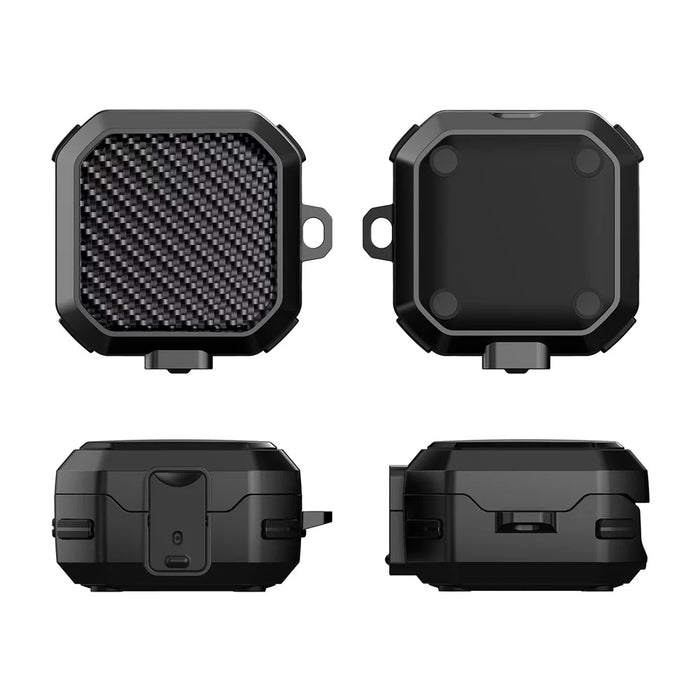 For Samsung Galaxy Buds4 / Buds4 Pro Carbon Fiber Texture Armor Protective Case PC + TPU Shockproof Cover with Carabiner - Black - 3