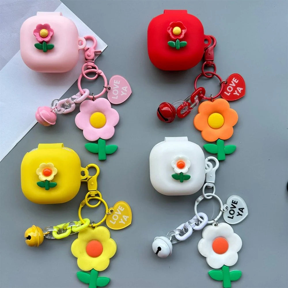 For Samsung Galaxy Buds4 / Buds4 Pro Silicone Case Flower Earphone Cover with Pendant Bell - Style A - 2