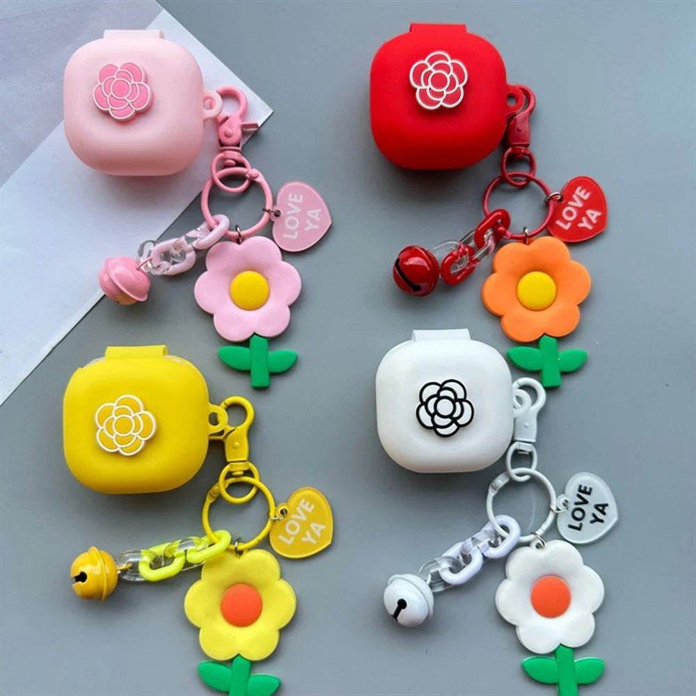 For Samsung Galaxy Buds4 / Buds4 Pro Silicone Case Flower Earphone Cover with Pendant Bell - Style A - 3