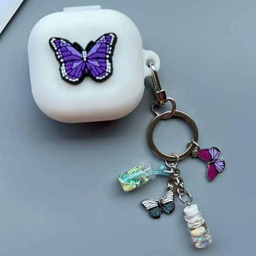 For Samsung Galaxy Buds4 / Buds4 Pro Silicone Case Butterfly Decor Earphone Cover with Metal Keychain Pendant - White - 1
