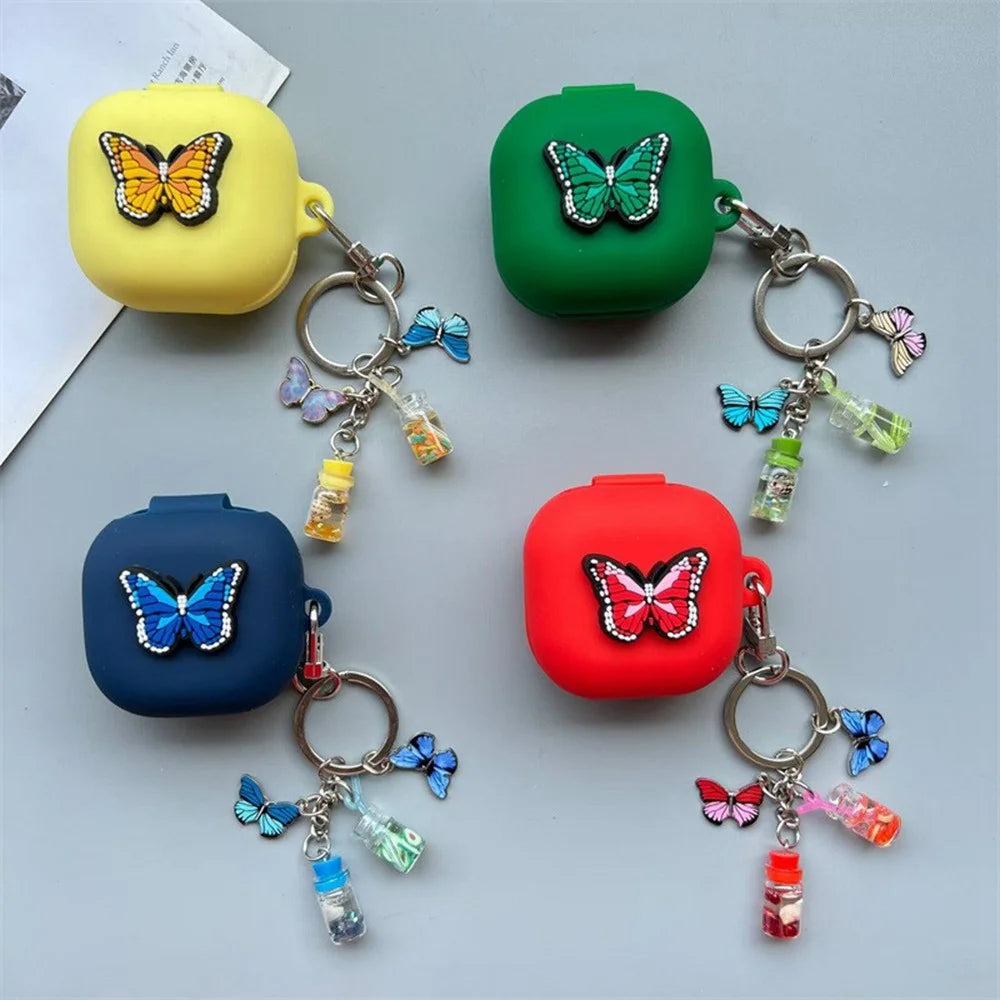 For Samsung Galaxy Buds4 / Buds4 Pro Silicone Case Butterfly Decor Earphone Cover with Metal Keychain Pendant - White - 2