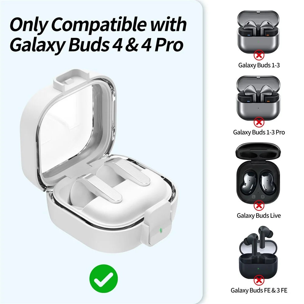 For Samsung Galaxy Buds 4  /  4 Pro Case Clear PC Protective Earphone Cover with Switch Lock Anti-loss Carabiner - White - 4