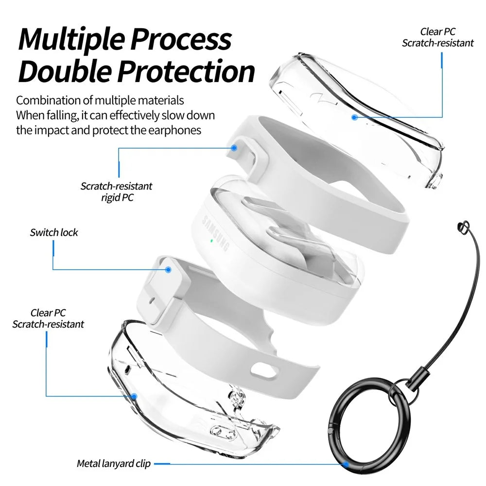 For Samsung Galaxy Buds 4  /  4 Pro Case Clear PC Protective Earphone Cover with Switch Lock Anti-loss Carabiner - White - 7