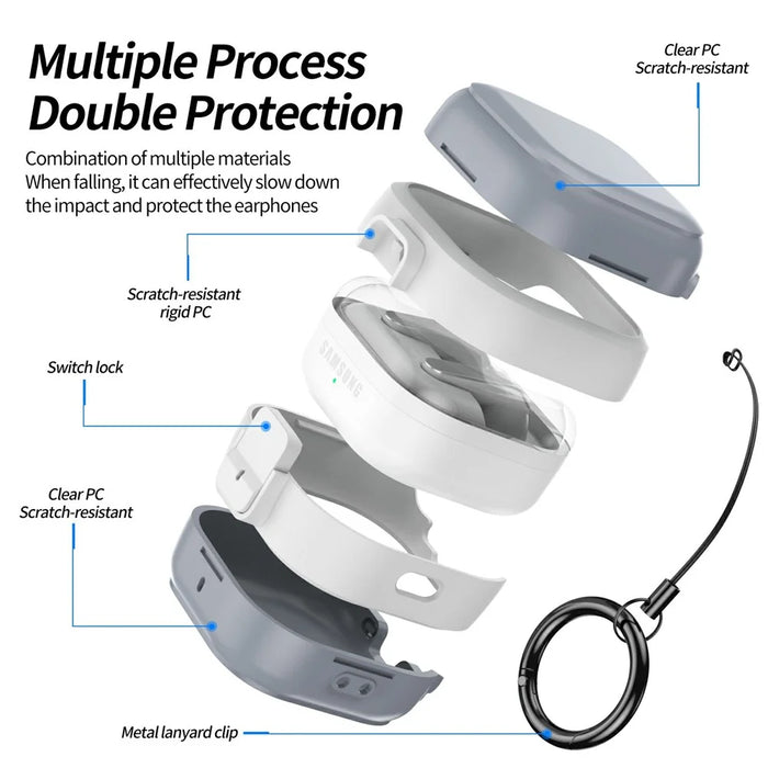For Samsung Galaxy Buds 4  /  4 Pro Case PC Shockproof Metal Carabiner Switch Lock Earphone Protective Cover - Grey White - 7