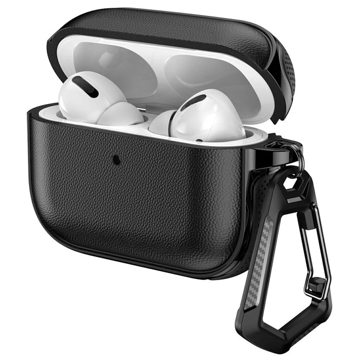 For AirPods 4 Case Split Design Leather Texture TPU Earphone Cover with Metal Carabiner - Black - 1