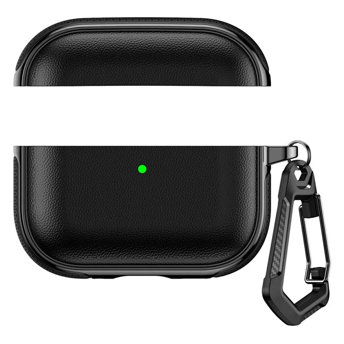 For AirPods 4 Case Split Design Leather Texture TPU Earphone Cover with Metal Carabiner - Black - 3