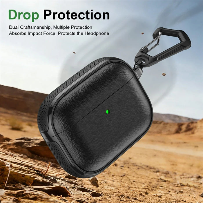 For AirPods 4 Case Split Design Leather Texture TPU Earphone Cover with Metal Carabiner - Black - 4