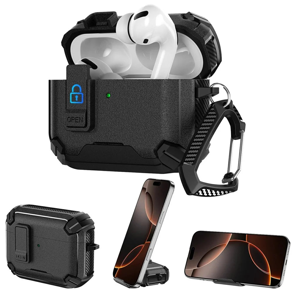 For AirPods 4 Earphone Case Phone Stand TPU + PC Shockproof Cover with Carabiner - Black - 1