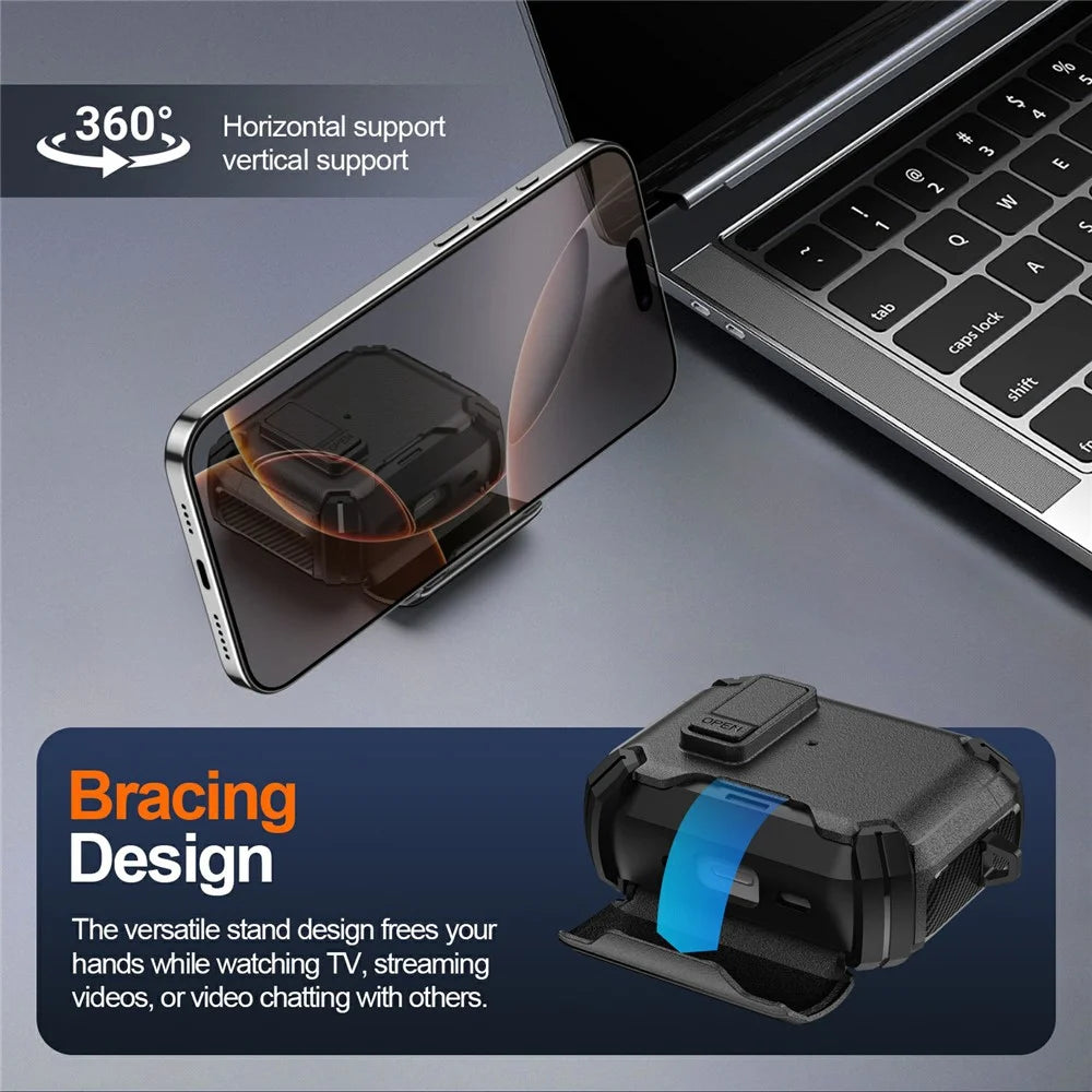 For AirPods 4 Earphone Case Phone Stand TPU + PC Shockproof Cover with Carabiner - Black - 7