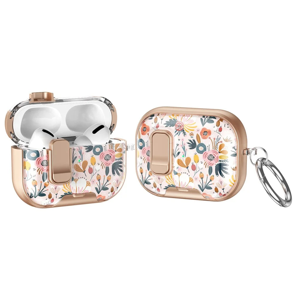 For AirPods Pro 3 Case Phone Stand Lock Design Patttern Print TPU PC Earphone Cover with Metal Carabiner - Colorful Flowers - 1