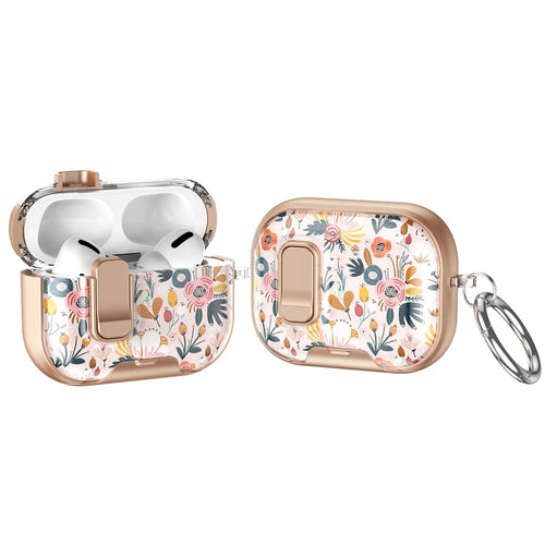 For AirPods Pro 3 Case Phone Stand Lock Design Patttern Print TPU PC Earphone Cover with Metal Carabiner - Colorful Flowers - 1