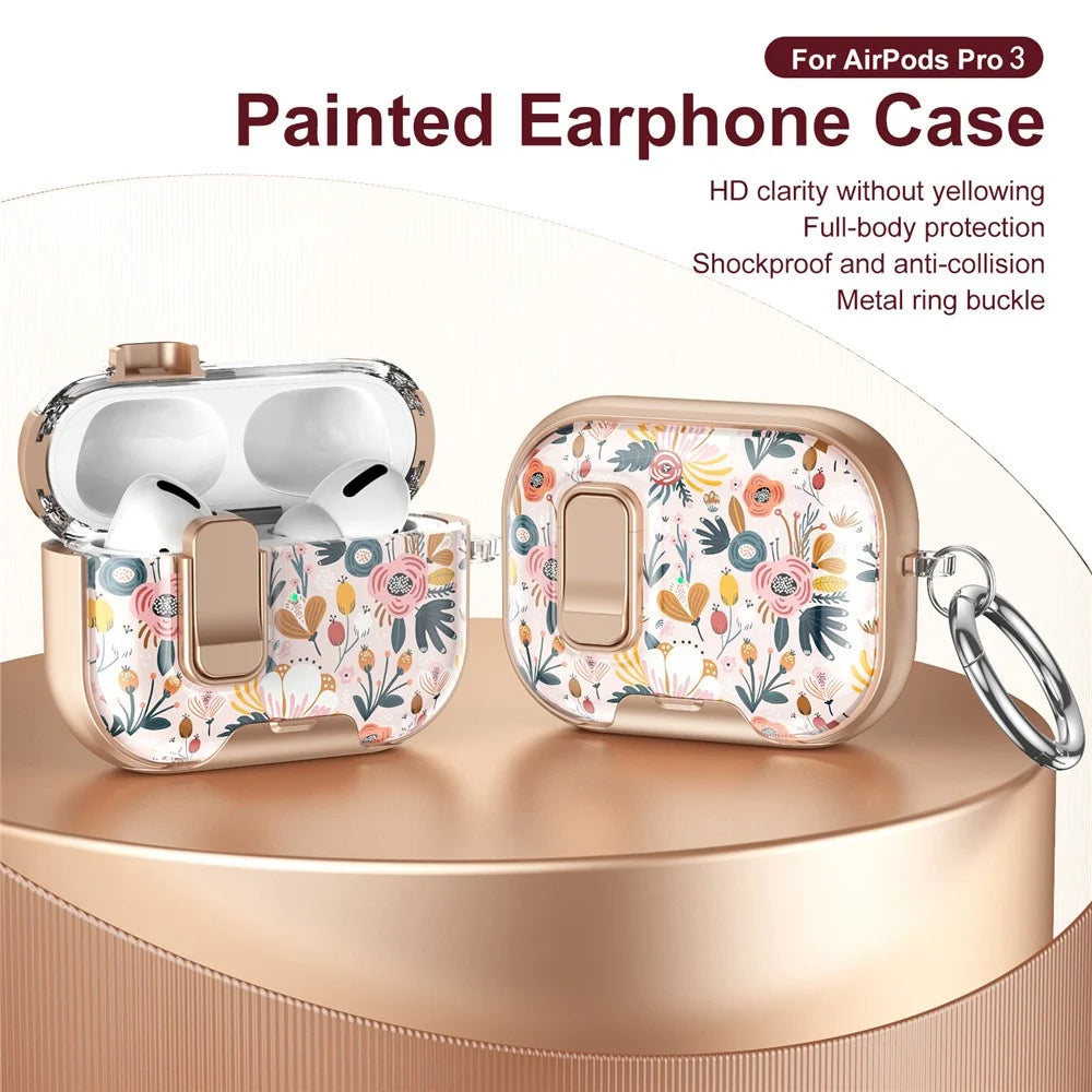 For AirPods Pro 3 Case Phone Stand Lock Design Patttern Print TPU PC Earphone Cover with Metal Carabiner - Colorful Flowers - 3