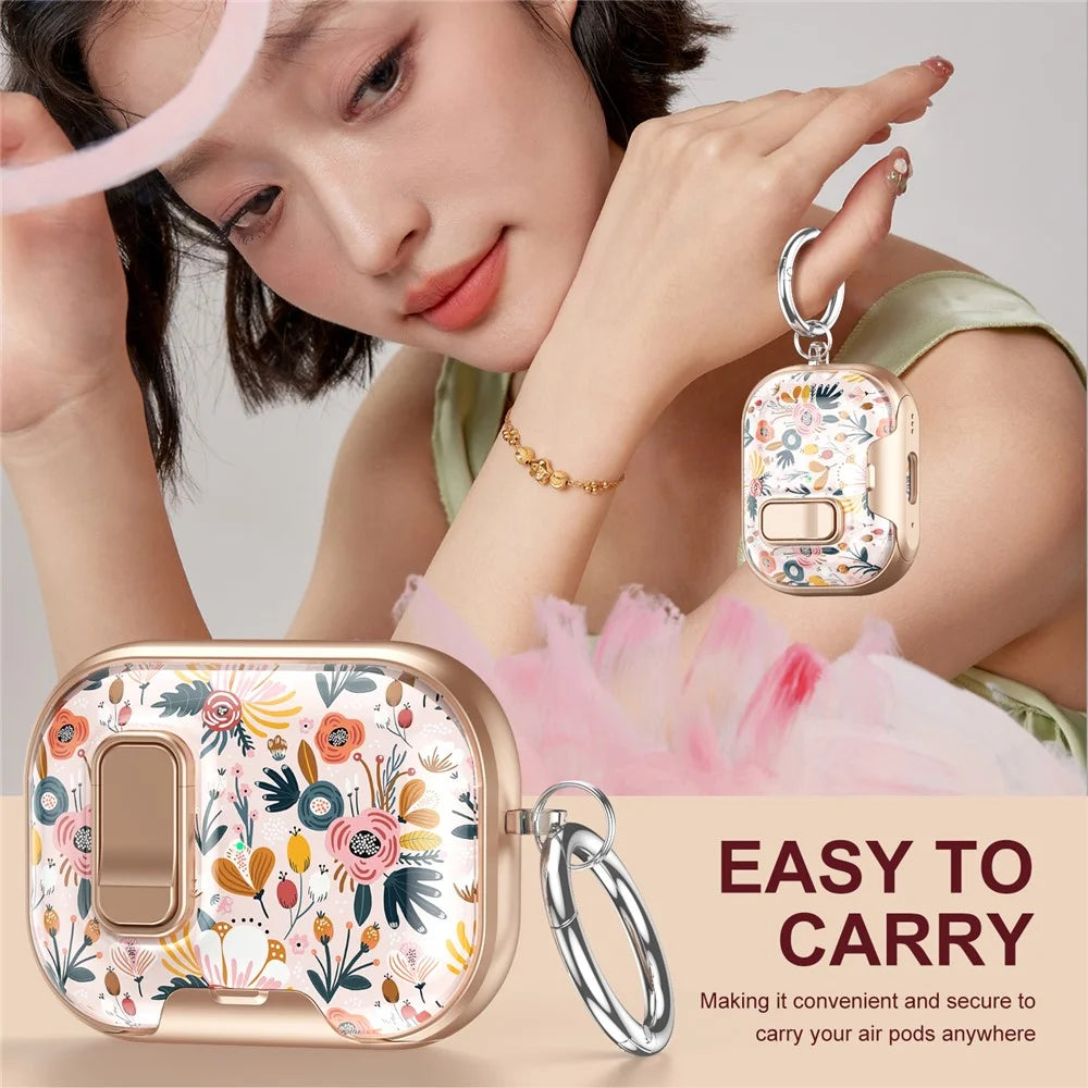 For AirPods Pro 3 Case Phone Stand Lock Design Patttern Print TPU PC Earphone Cover with Metal Carabiner - Colorful Flowers - 4