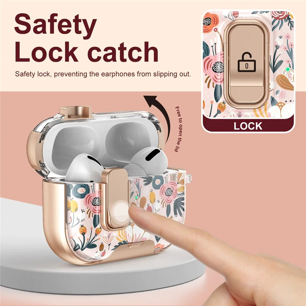 For AirPods Pro 3 Case Phone Stand Lock Design Patttern Print TPU PC Earphone Cover with Metal Carabiner - Colorful Flowers - 5