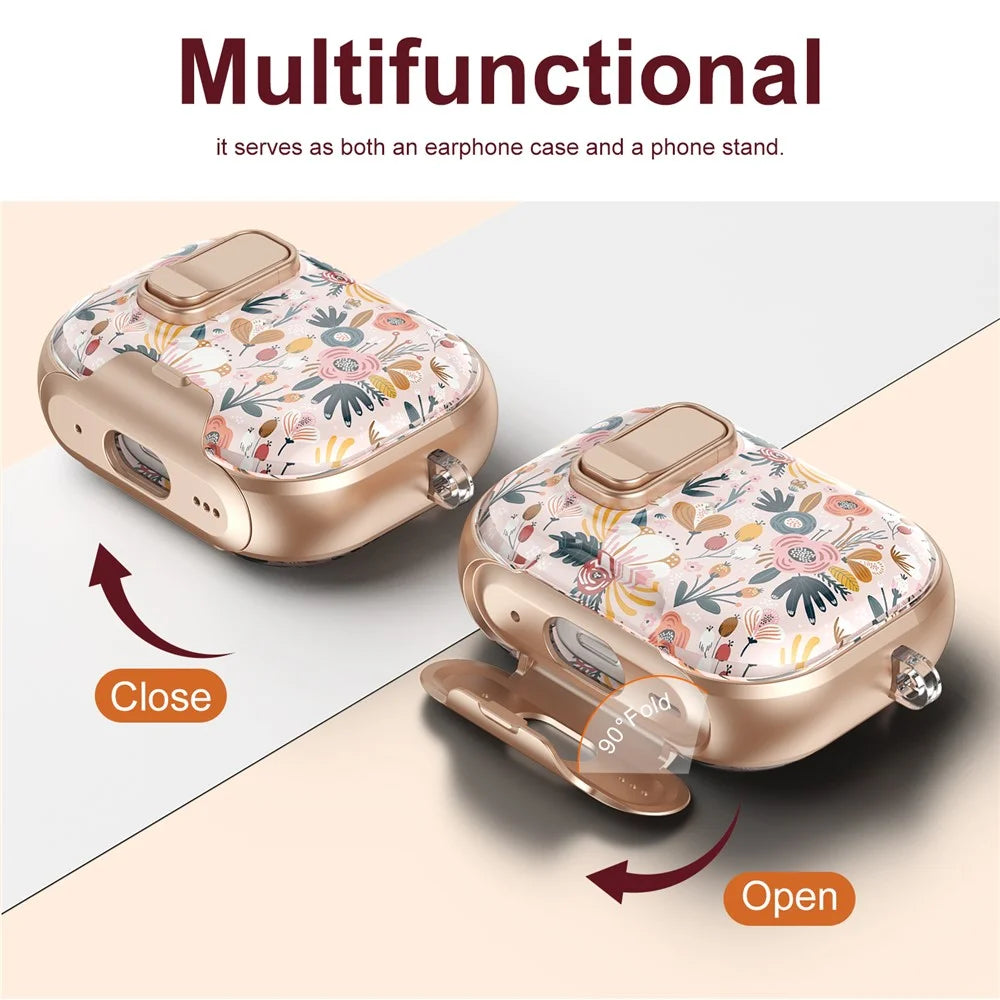 For AirPods Pro 3 Case Phone Stand Lock Design Patttern Print TPU PC Earphone Cover with Metal Carabiner - Colorful Flowers - 6
