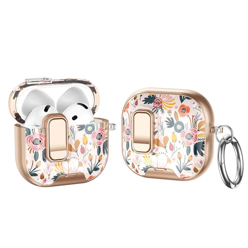 For AirPods 4 with ANC Case Phone Stand Lock Design Patttern Print TPU PC Earphone Cover with Metal Carabiner - Colorful Flowers - 1