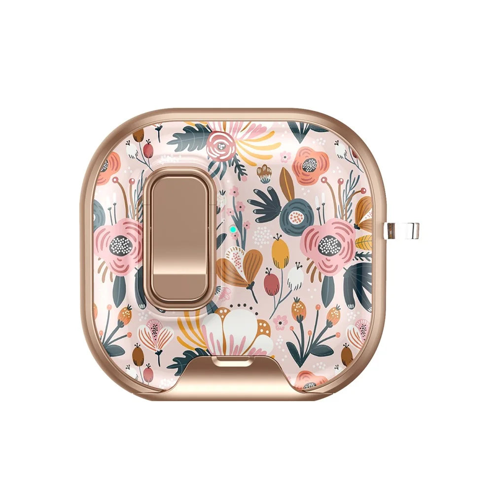 For AirPods 4 with ANC Case Phone Stand Lock Design Patttern Print TPU PC Earphone Cover with Metal Carabiner - Colorful Flowers - 2