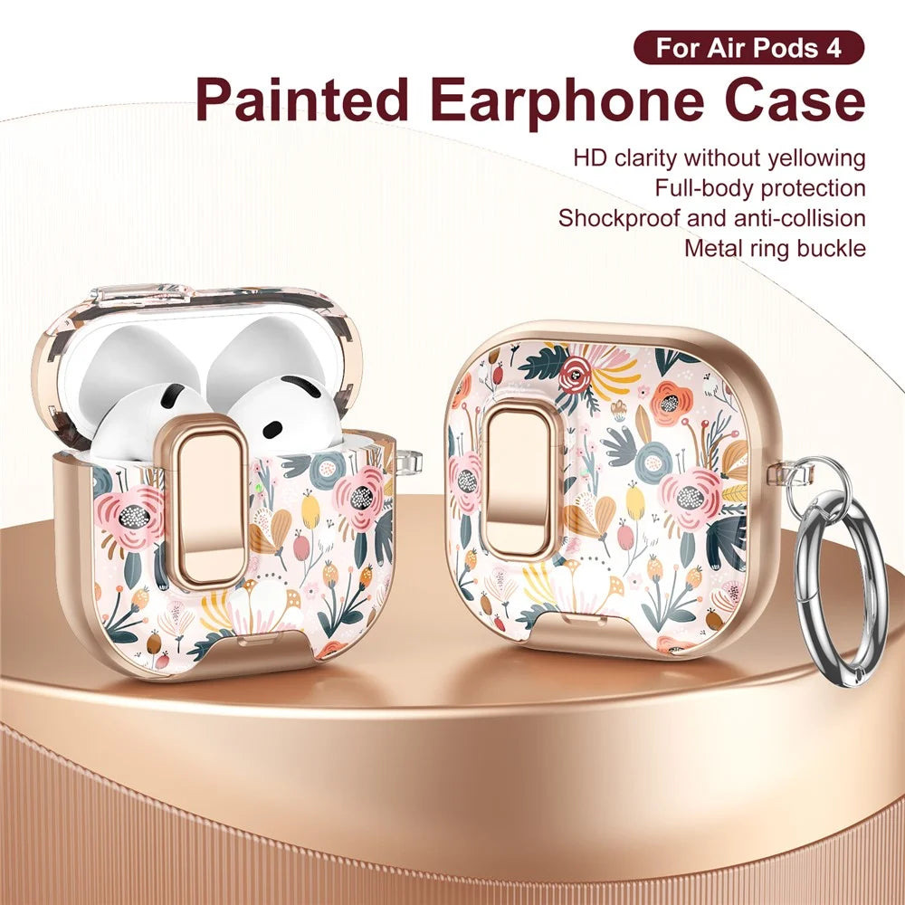 For AirPods 4 with ANC Case Phone Stand Lock Design Patttern Print TPU PC Earphone Cover with Metal Carabiner - Colorful Flowers - 3