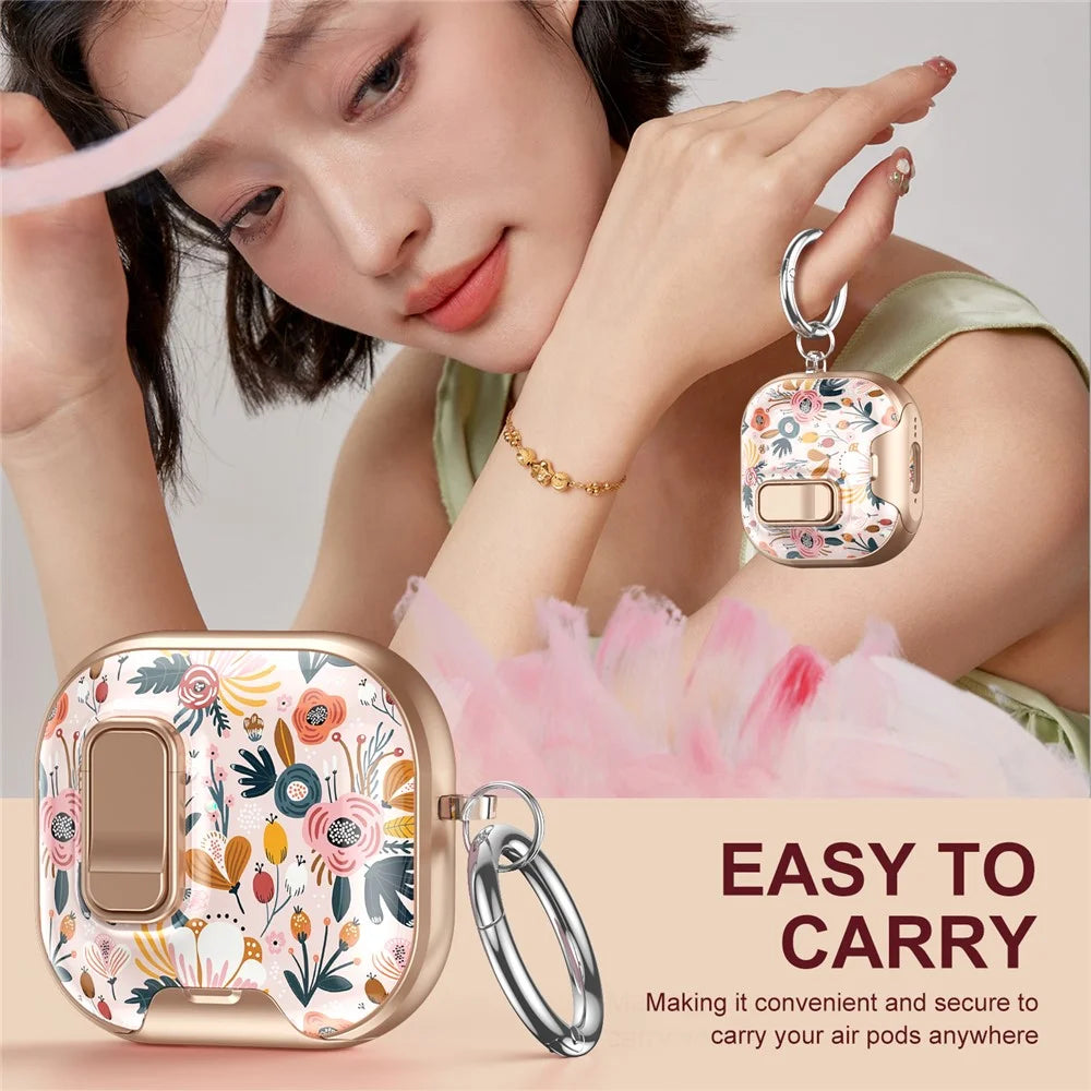 For AirPods 4 with ANC Case Phone Stand Lock Design Patttern Print TPU PC Earphone Cover with Metal Carabiner - Colorful Flowers - 4