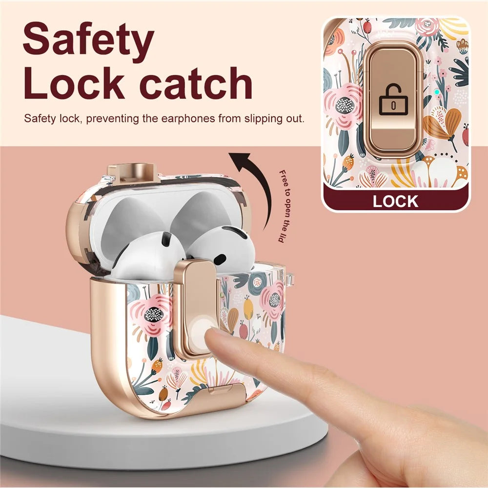 For AirPods 4 with ANC Case Phone Stand Lock Design Patttern Print TPU PC Earphone Cover with Metal Carabiner - Colorful Flowers - 5