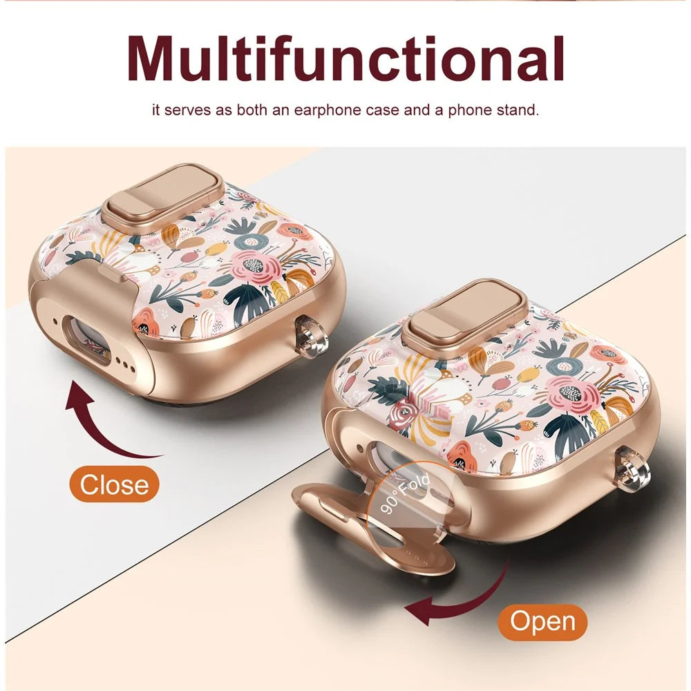 For AirPods 4 with ANC Case Phone Stand Lock Design Patttern Print TPU PC Earphone Cover with Metal Carabiner - Colorful Flowers - 6