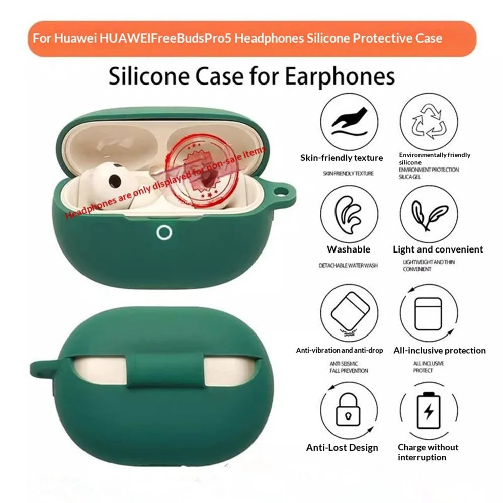 For Huawei FreeBuds Pro 5 Silicone Case Wireless Earbuds Protective Cover with Anti-Lost Buckle - Blackish Green - 6