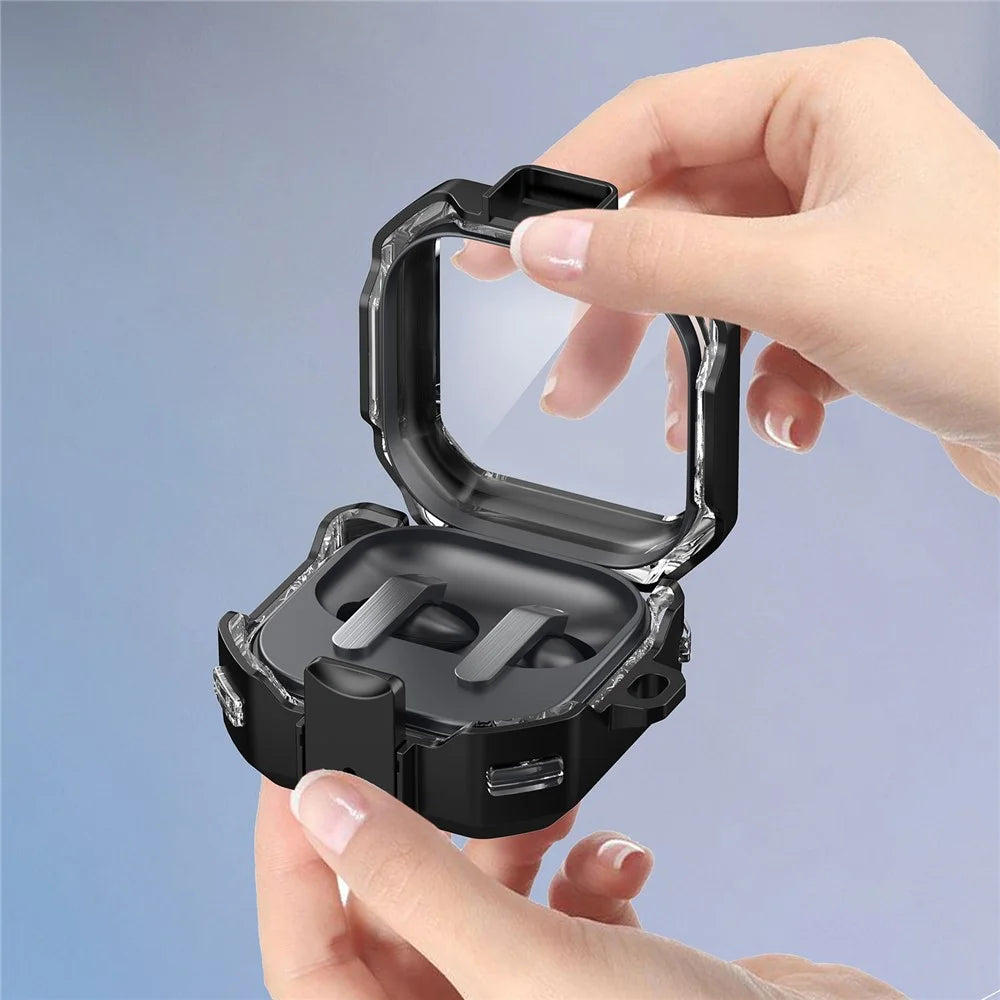 For Samsung Galaxy Buds4 / Buds4 Pro Case Switch Design TPU + PC Earphone Protective Cover with Carabiner - Black - 4