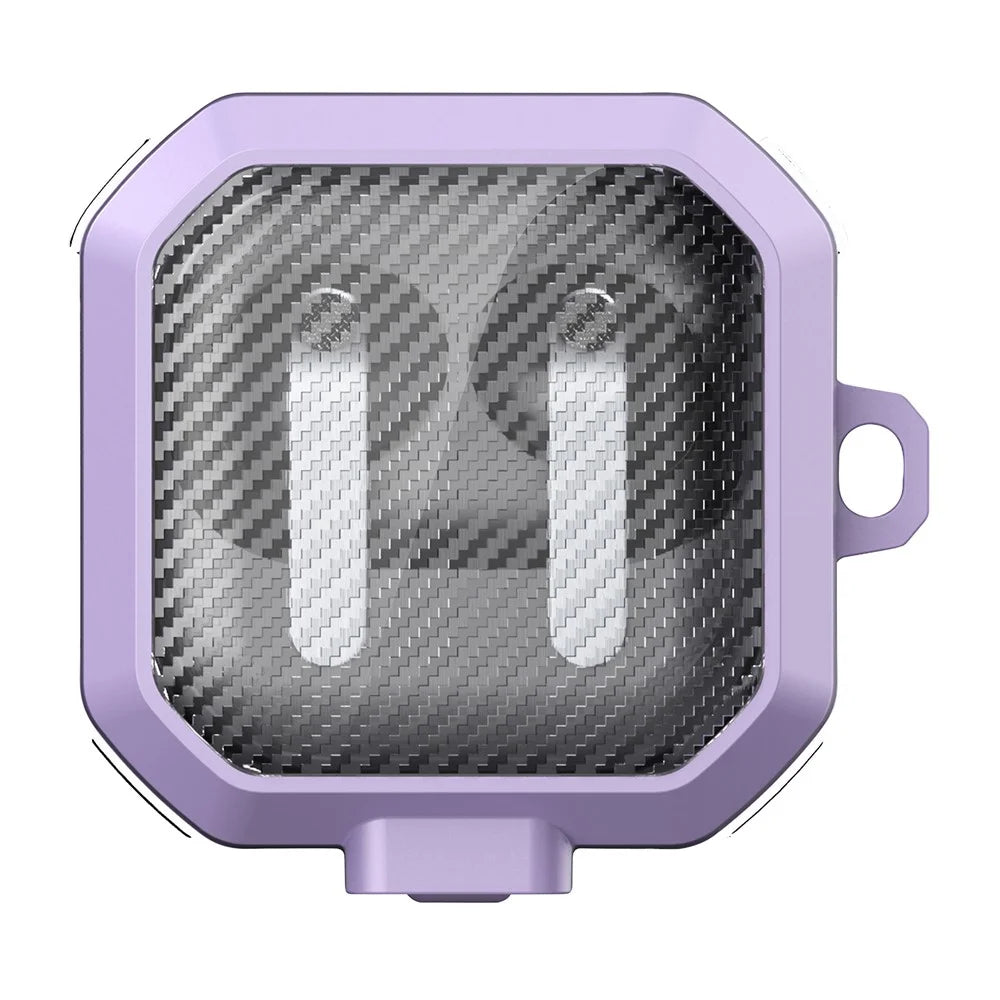 For Samsung Galaxy Buds4 / Buds4 Pro Case Transparent Carbon Fiber Texture Switch Button PC + TPU Earphone Cover with Carabiner - Purple - 1