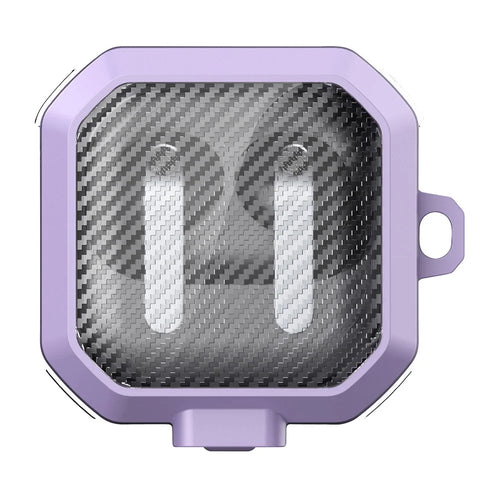 For Samsung Galaxy Buds4 / Buds4 Pro Case Transparent Carbon Fiber Texture Switch Button PC + TPU Earphone Cover with Carabiner - Purple - 1