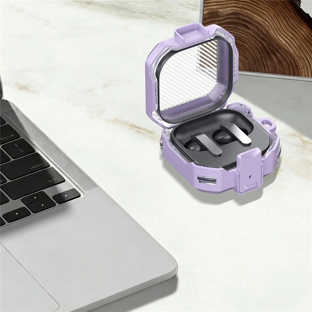 For Samsung Galaxy Buds4 / Buds4 Pro Case Transparent Carbon Fiber Texture Switch Button PC + TPU Earphone Cover with Carabiner - Purple - 2
