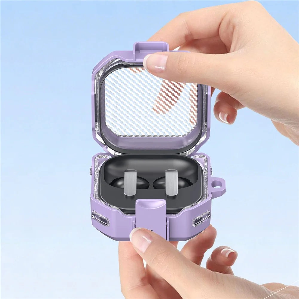 For Samsung Galaxy Buds4 / Buds4 Pro Case Transparent Carbon Fiber Texture Switch Button PC + TPU Earphone Cover with Carabiner - Purple - 3