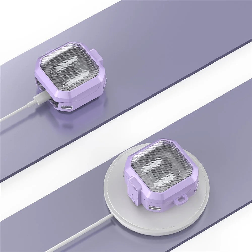 For Samsung Galaxy Buds4 / Buds4 Pro Case Transparent Carbon Fiber Texture Switch Button PC + TPU Earphone Cover with Carabiner - Purple - 4