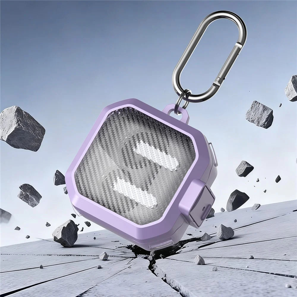 For Samsung Galaxy Buds4 / Buds4 Pro Case Transparent Carbon Fiber Texture Switch Button PC + TPU Earphone Cover with Carabiner - Purple - 6