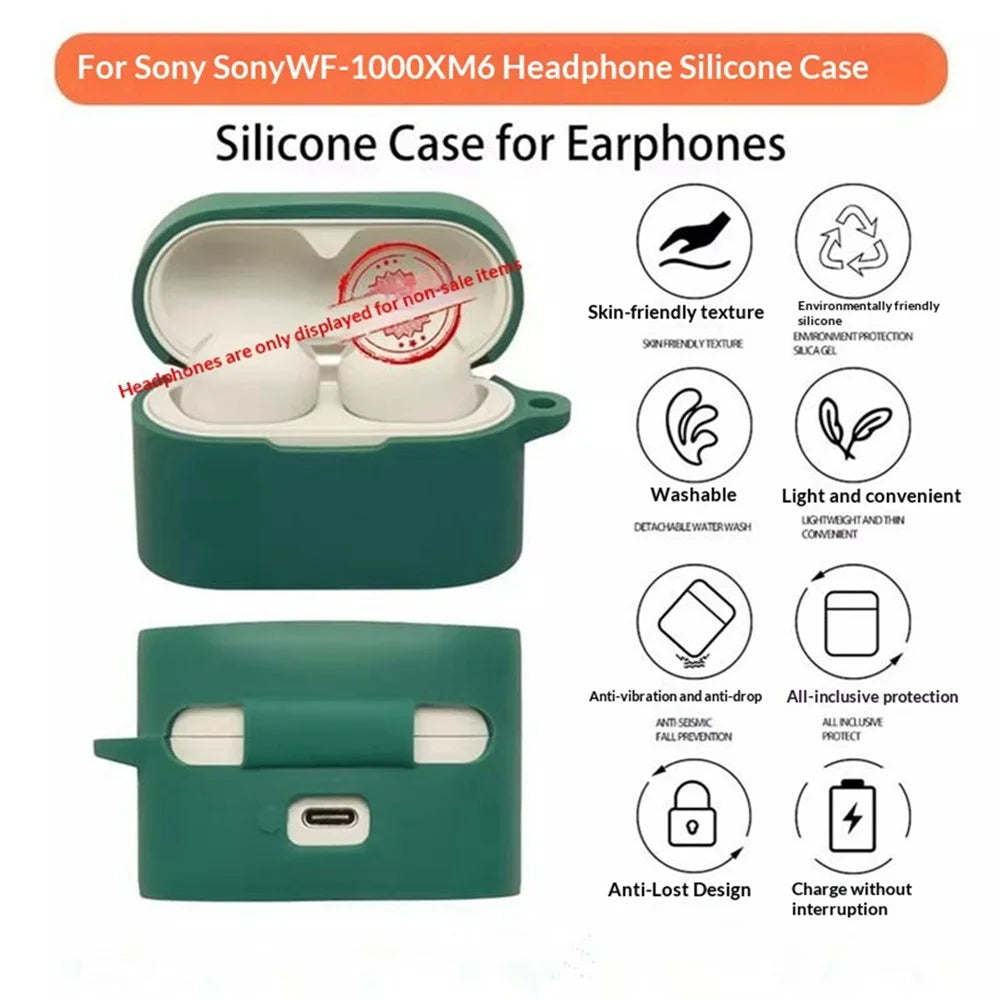 For Sony WF-1000XM6 Silicone Case Wireless Earbuds Protective Cover with Anti-Lost Buckle - Blackish Green - 7