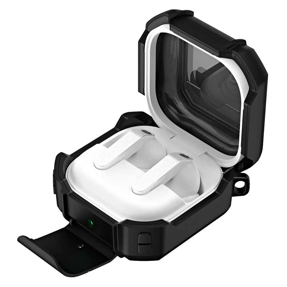 For Samsung Galaxy Buds4  /  Buds4 Pro Earphone Case TPU PC Phone Stand Lock Buckle Shockproof Protective Cover with Carabiner - Black - 2