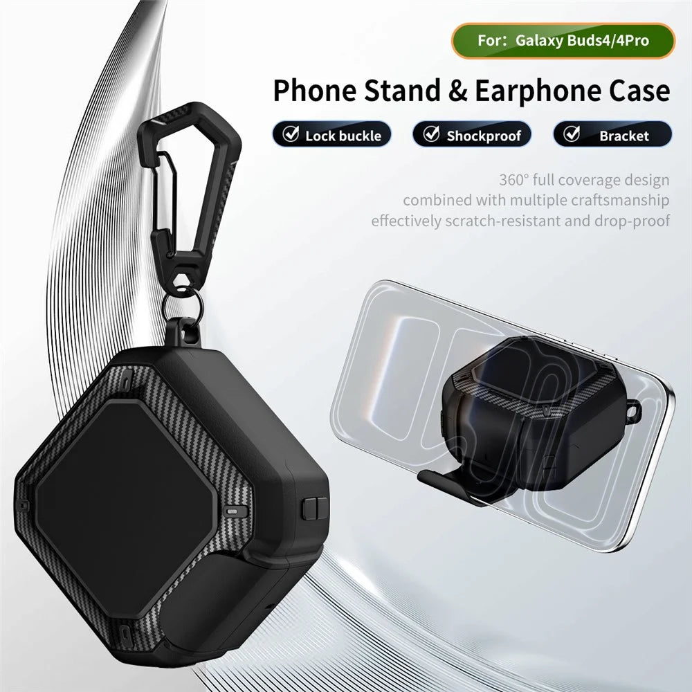 For Samsung Galaxy Buds4  /  Buds4 Pro Earphone Case TPU PC Phone Stand Lock Buckle Shockproof Protective Cover with Carabiner - Black - 4