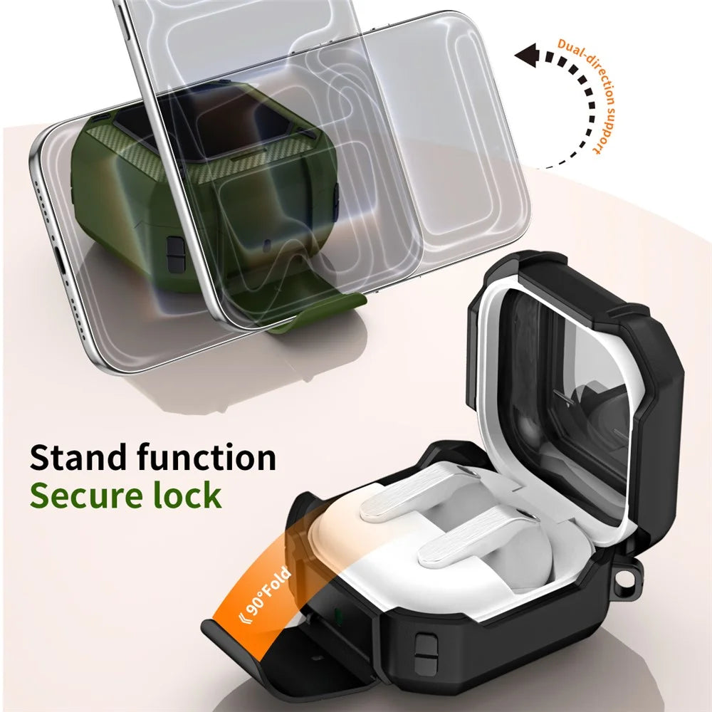 For Samsung Galaxy Buds4  /  Buds4 Pro Earphone Case TPU PC Phone Stand Lock Buckle Shockproof Protective Cover with Carabiner - Black - 6