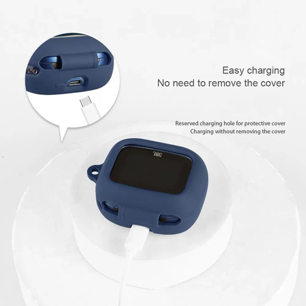 For JBL Live Buds 4 / Live Beam 4 / Live Flex 4 Earbuds Silicone Case Anti-Drop Protective Cover with Hanging Buckle - Dark Blue - 4