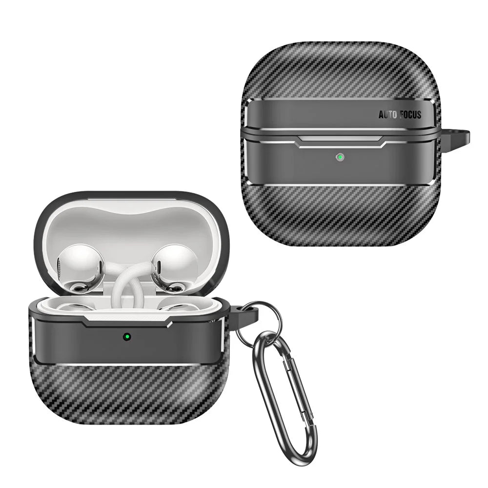 Protective Case for Huawei FreeClip 2 Carbon Fiber Texture Design TPU Hard Shell Earphones Cover with Metal Carabiner - Black - 1