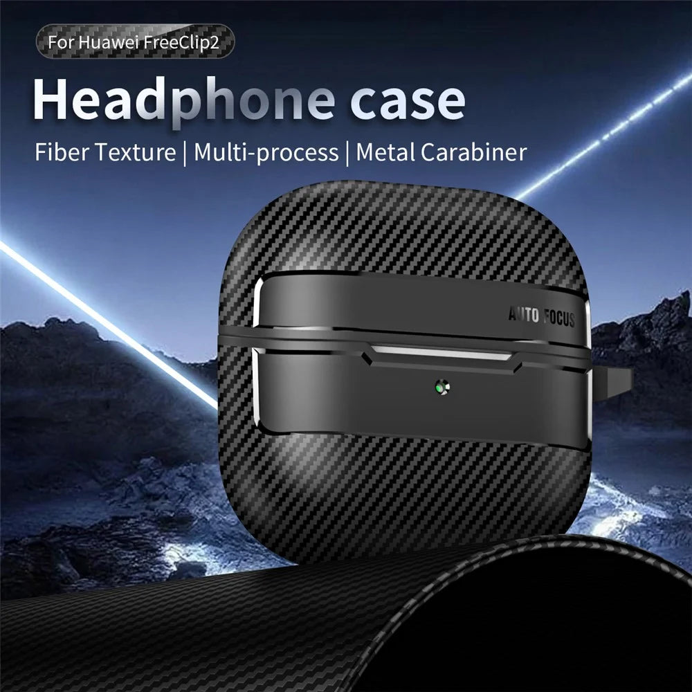 Protective Case for Huawei FreeClip 2 Carbon Fiber Texture Design TPU Hard Shell Earphones Cover with Metal Carabiner - Black - 4