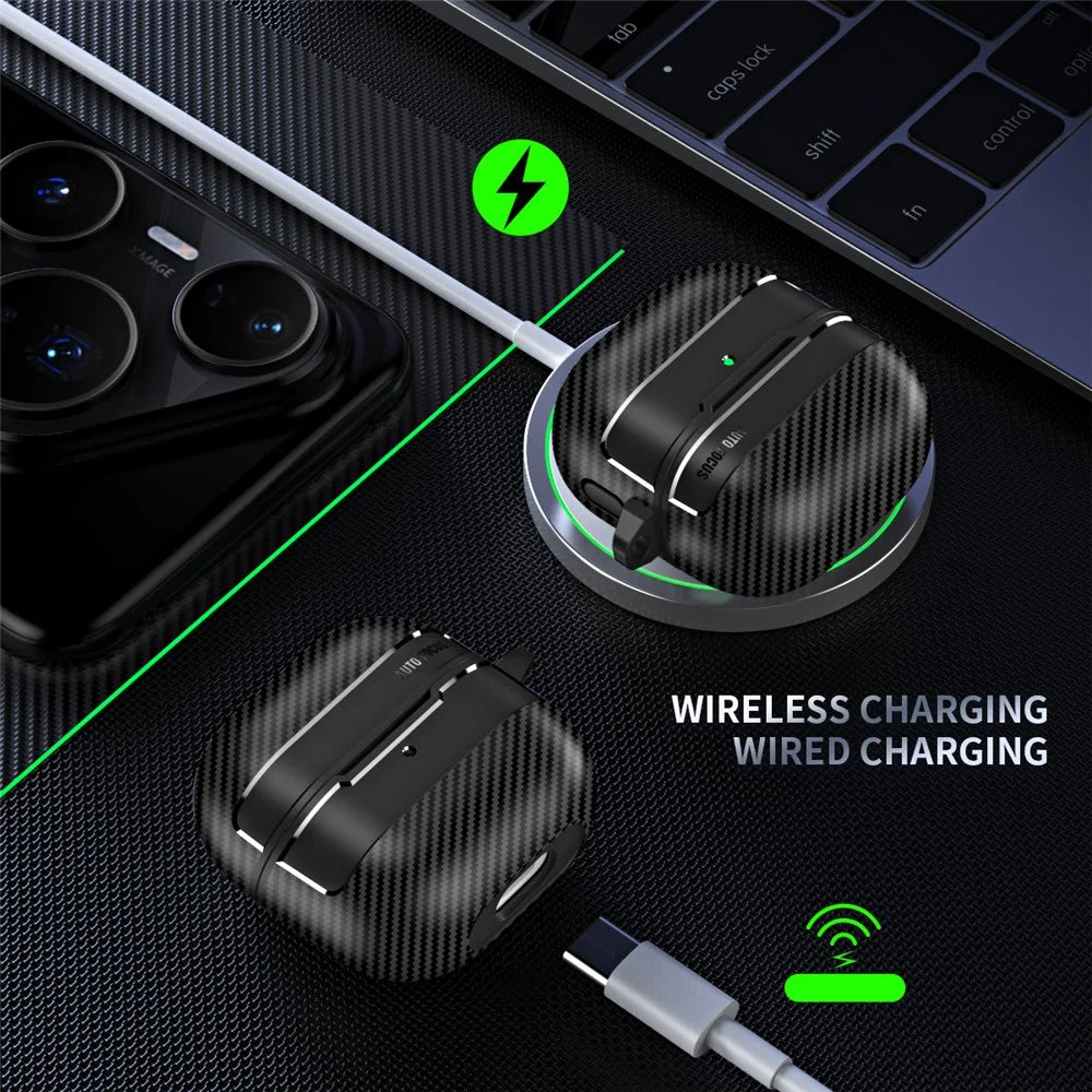 Protective Case for Huawei FreeClip 2 Carbon Fiber Texture Design TPU Hard Shell Earphones Cover with Metal Carabiner - Black - 7