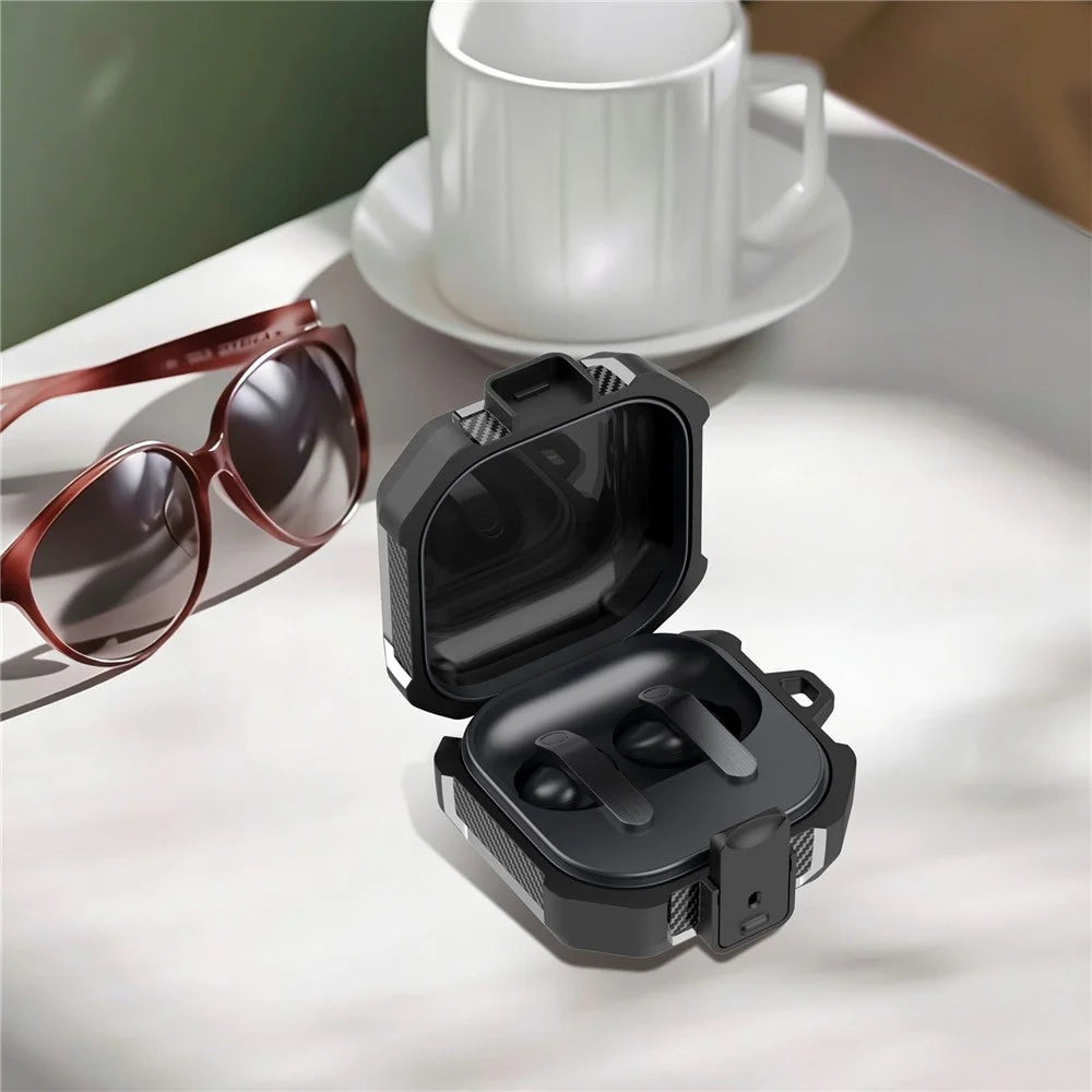 For Samsung Galaxy Buds4 / Buds4 Pro Case Luggage Stripe TPU PC Earphone Protective Cover with Carabiner - Black - 2