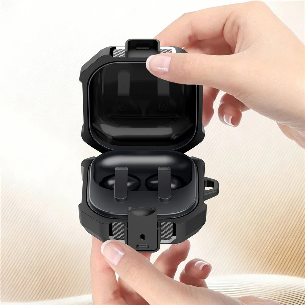 For Samsung Galaxy Buds4 / Buds4 Pro Case Luggage Stripe TPU PC Earphone Protective Cover with Carabiner - Black - 3