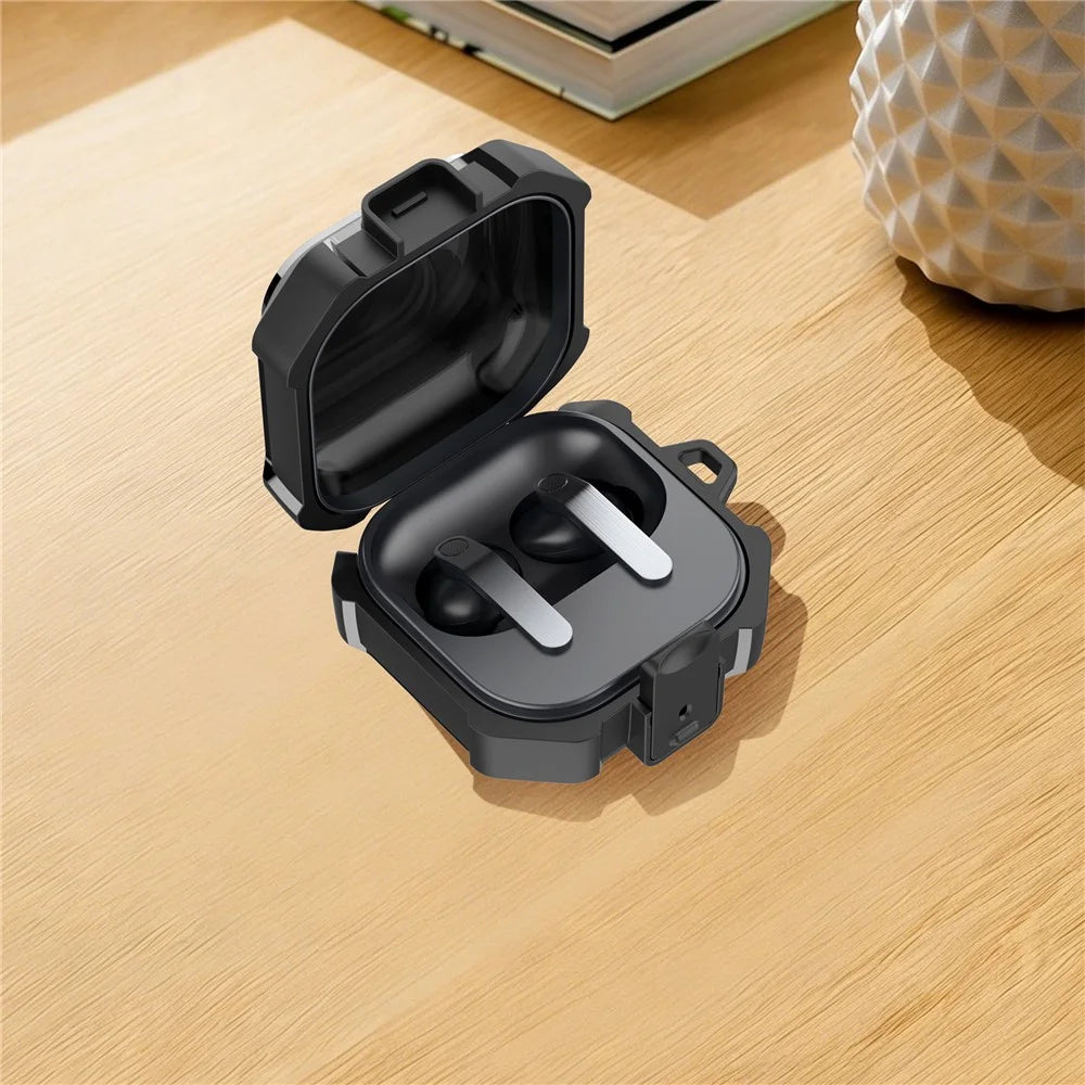 For Samsung Galaxy Buds4 / Buds4 Pro Case Diagonal Stripe Texture PC TPU Earphone Protective Cover with Carabiner - Black - 2