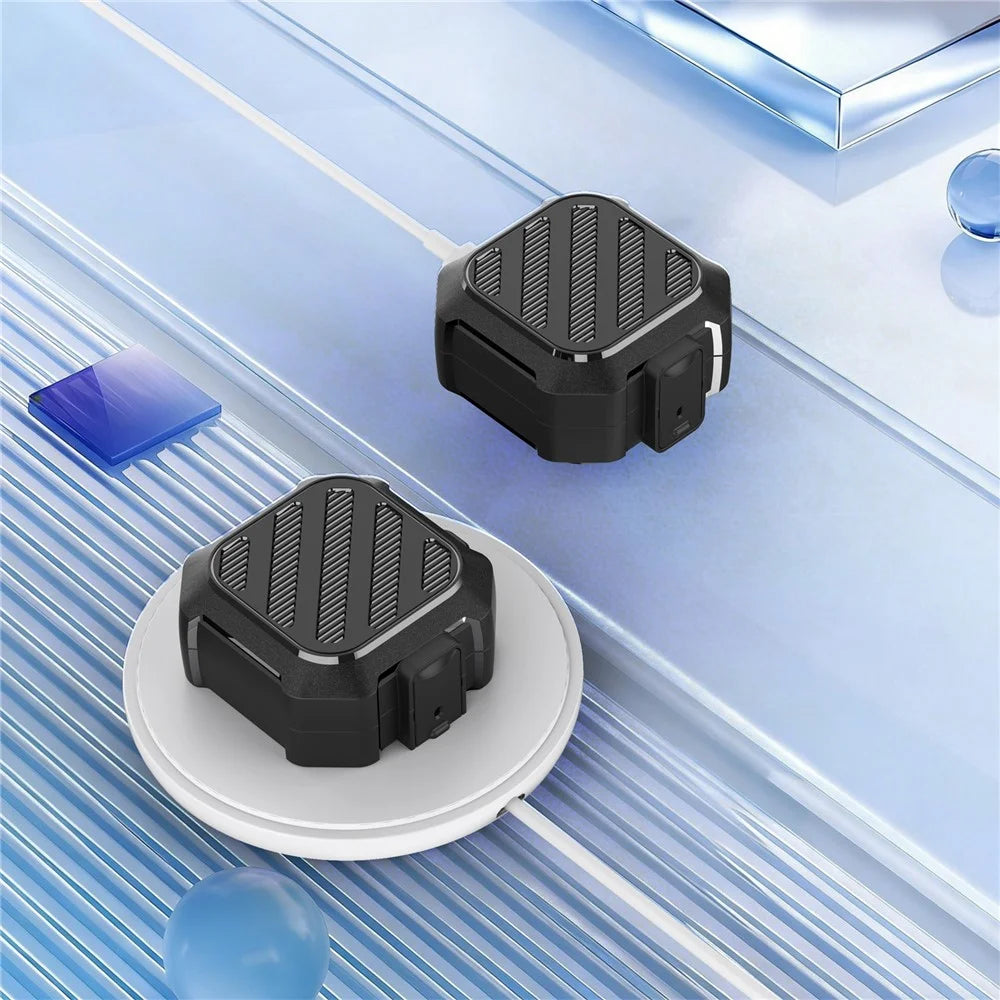 For Samsung Galaxy Buds4 / Buds4 Pro Case Diagonal Stripe Texture PC TPU Earphone Protective Cover with Carabiner - Black - 3