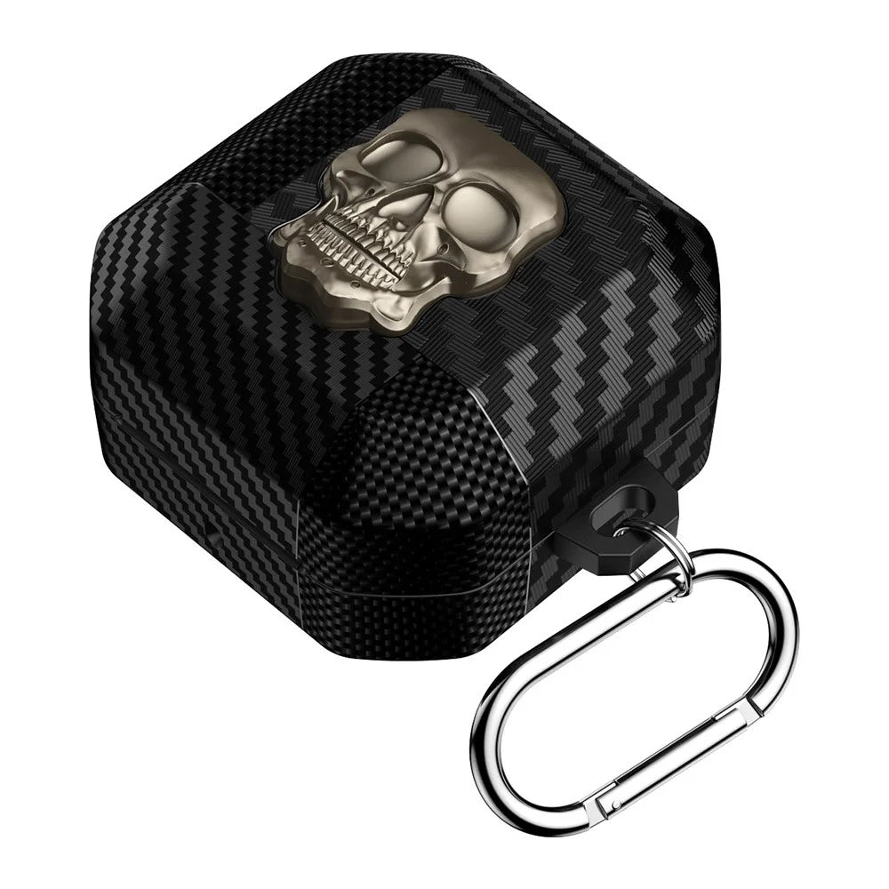 For Samsung Galaxy Buds4 Pro  /  Buds4 Protective Case Skull Design Snap Switch TPU + Metal Earphone Cover with Carabiner - Gold - 1